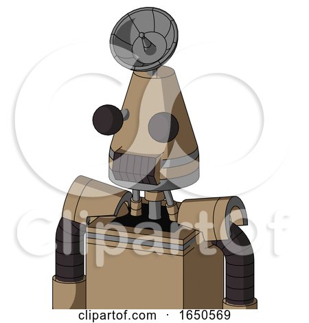 Cardboard Robot with Cone Head and Dark Tooth Mouth and Two Eyes and Radar Dish Hat by Leo Blanchette
