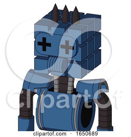Blue Robot with Cube Head and Speakers Mouth and Plus Sign Eyes and Three Dark Spikes by Leo Blanchette