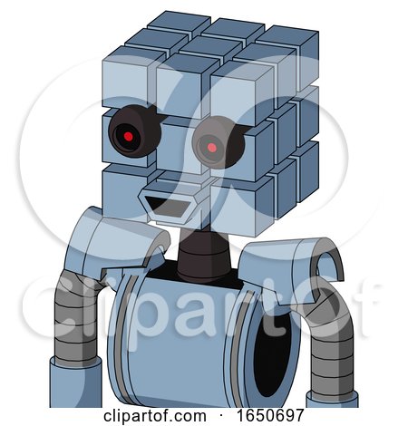 Blue Robot with Cube Head and Happy Mouth and Black Glowing Red Eyes by Leo Blanchette