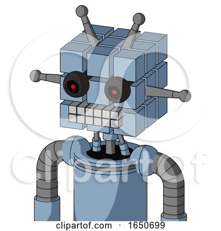 Blue Robot with Cube Head and Keyboard Mouth and Black Glowing Red Eyes and Double Antenna by Leo Blanchette