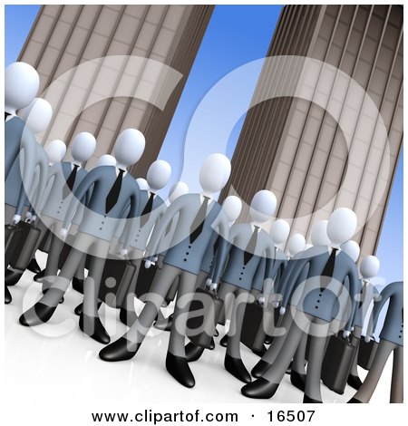 Crowd Of Businessmen Standing Together In Front Of Tall Office Building Skyscrapers, Symbolizing Teamwork Or Cloning Clipart Illustration Graphic by 3poD