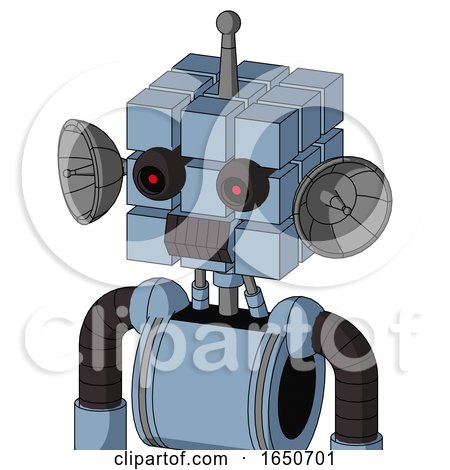 Blue Robot with Cube Head and Dark Tooth Mouth and Black Glowing Red Eyes and Single Antenna by Leo Blanchette