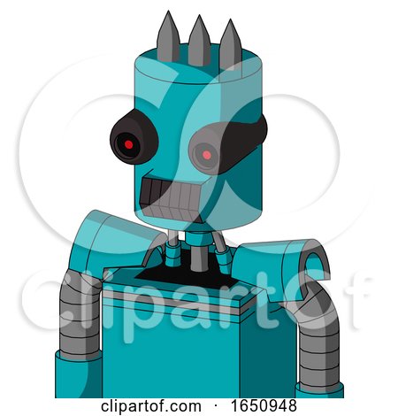 Blue Robot with Cylinder Head and Dark Tooth Mouth and Black Glowing Red Eyes and Three Spiked by Leo Blanchette