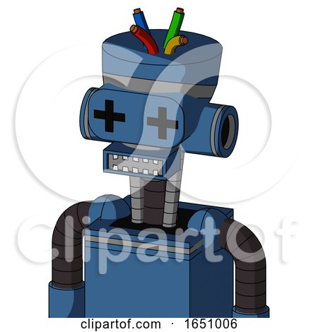 Blue Robot with Vase Head and Square Mouth and Plus Sign Eyes and Wire Hair by Leo Blanchette