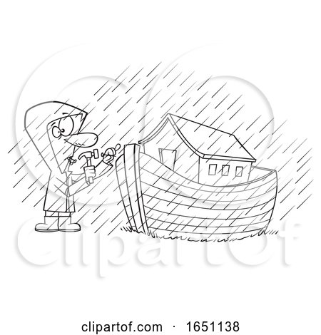 Cartoon Black and White Man Building an Ark in the Rain by toonaday