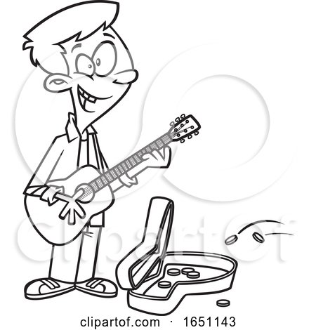 Cartoon Black and White Teen Boy Playing a Guitar on the Street by toonaday