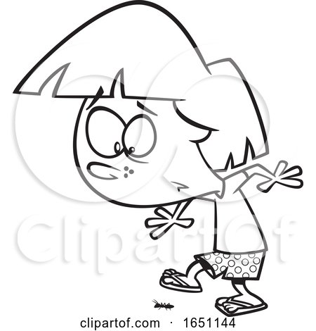 Cartoon Black and White Girl Careful Not to Step on an Ant by toonaday
