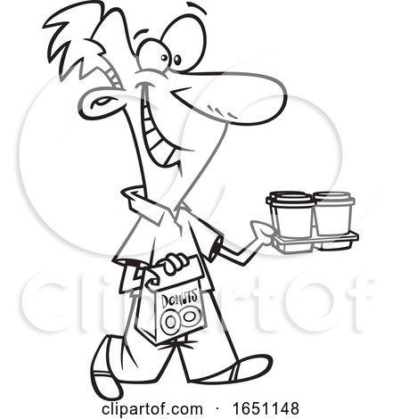 Cartoon Black and White Happy Work Gofer Man Carrying Coffee and Donuts by toonaday