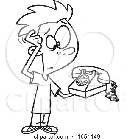 Cartoon Black and White Boy Scratching His Head and Looking at an Old Fashioned Telephone by toonaday