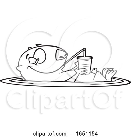Cartoon Black and White Happy Otter Floating with a Drink by toonaday
