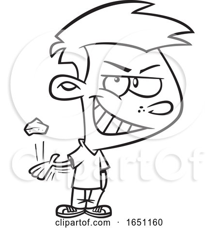 Cartoon Black and White Mischievous Boy Throwing a Rock by toonaday