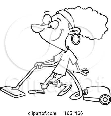 Cartoon Black and White Woman Vacuuming by toonaday