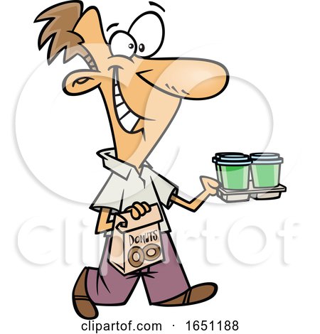 Cartoon Happy Work Gofer Man Carrying Coffee and Donuts by toonaday