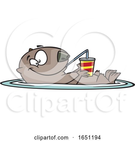 Cartoon Happy Otter Floating with a Drink by toonaday