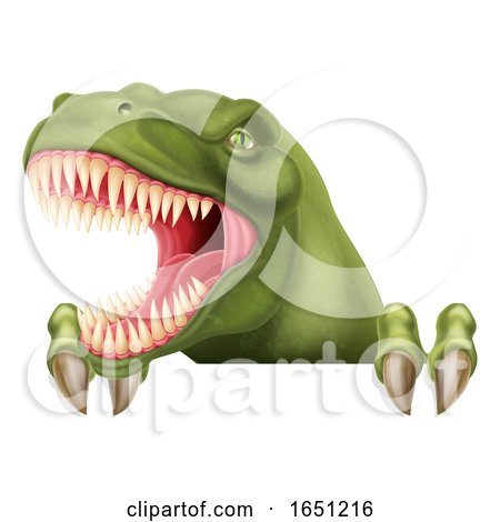 Dinosaur T Rex Peeking over Sign Cartoon by AtStockIllustration