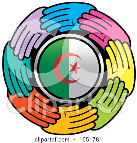 Circle of Colorful Hands Around an Algerian Flag by Lal Perera