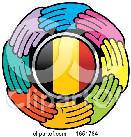 Circle of Colorful Hands Around a Belgium Flag by Lal Perera