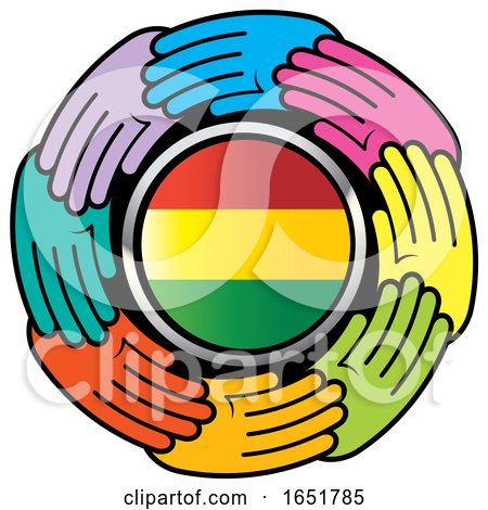 Circle of Colorful Hands Around a Bolivian Flag by Lal Perera
