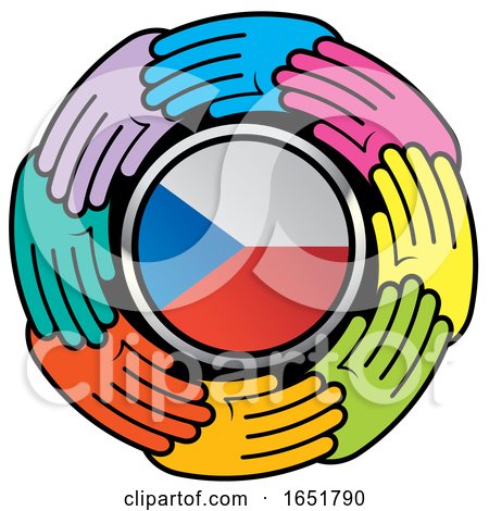 Circle of Colorful Hands Around a Czech Flag by Lal Perera