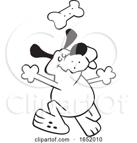 Cartoon Black and White Happy Dog Dancing Under a Biscuit by Johnny Sajem