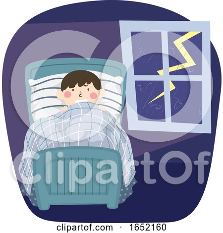 Kid Boy Scared Lightning Bed Illustration by BNP Design Studio