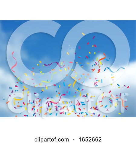 Confetti and Streamers on Blue Sky Background by KJ Pargeter