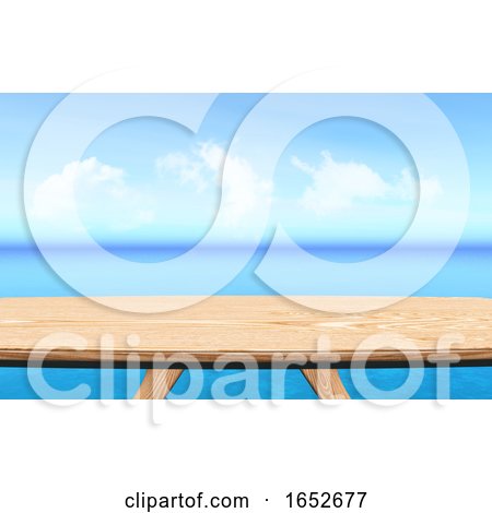 3D Wooden Table Looking out to a Blue Ocean Landscape by KJ Pargeter