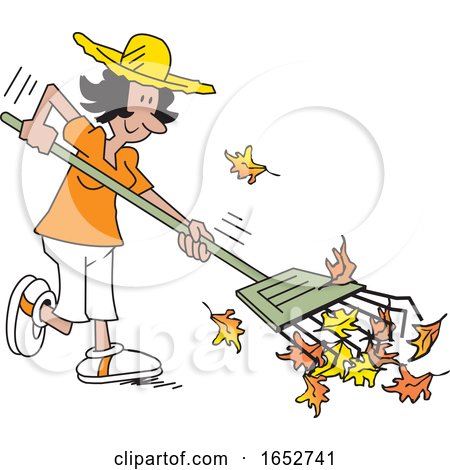Happy Hispanic Woman Raking Leaves by Johnny Sajem