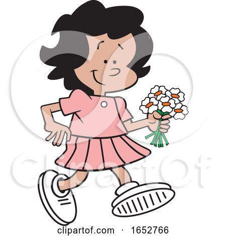 Cartoon Hispanic Girl Walking with Flowers by Johnny Sajem