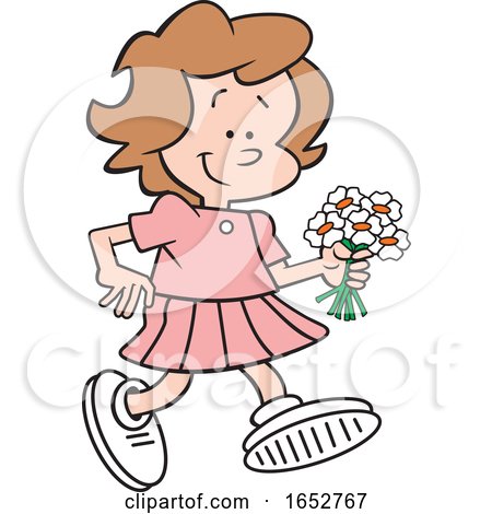 Cartoon White Girl Walking with Flowers by Johnny Sajem