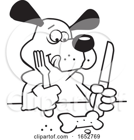 Cartoon Black and White Dog Ready to Eat a Biscuit with Cutlery by Johnny Sajem