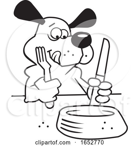 Cartoon Black and White Hungry Dog Ready to Eat by Johnny Sajem