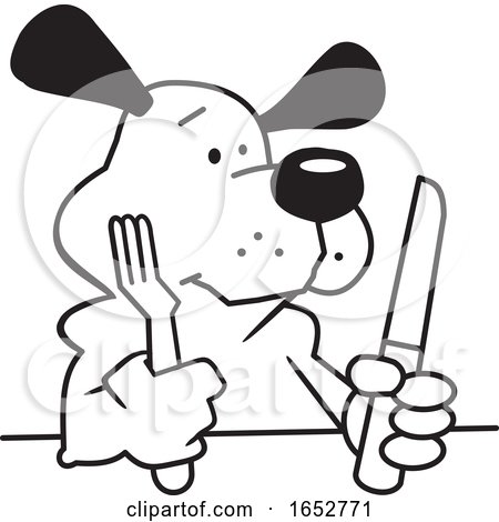 Cartoon Black and White Hungry Dog with Silverware by Johnny Sajem