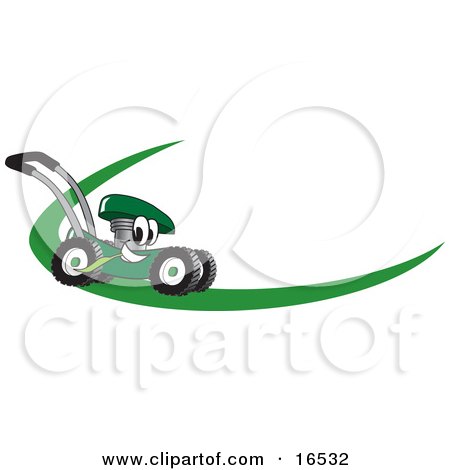 Clipart Picture of a Green Lawn Mower Mascot Cartoon Character on a Logo or Nametag With a Green Dash by Mascot Junction