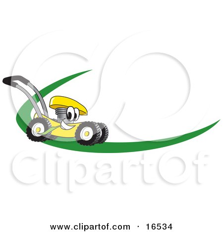 Clipart Picture of a Yellow Lawn Mower Mascot Cartoon Character on a Logo or Nametag With a Green Dash by Mascot Junction
