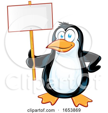 Cartoon Penguin Holding a Blank Sign by Domenico Condello