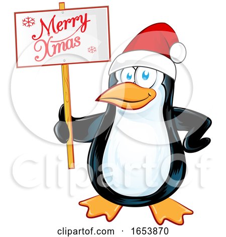 Cartoon Penguin Holding a Merry Christmas Sign by Domenico Condello