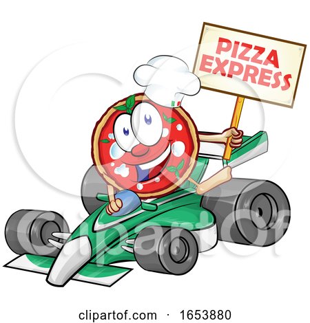 Cartoon Pizza Mascot Holding an Express Sign over a Race Car by Domenico Condello