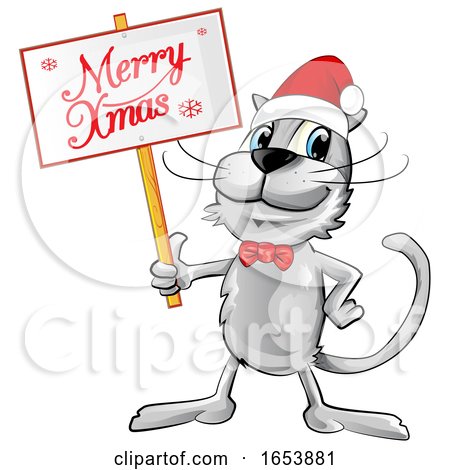 Cartoon Happy Gray Cat Holding a Merry Christmas Sign by Domenico Condello