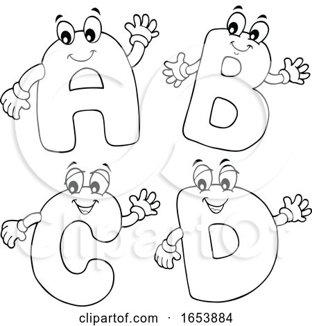 Cartoon Black and White ABCD Letter Characters by visekart
