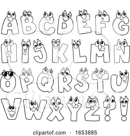 Cartoon Black and White Alphabet Letter Characters by visekart