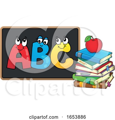 Cartoon Apple and Books and ABC on a Blackboard by visekart