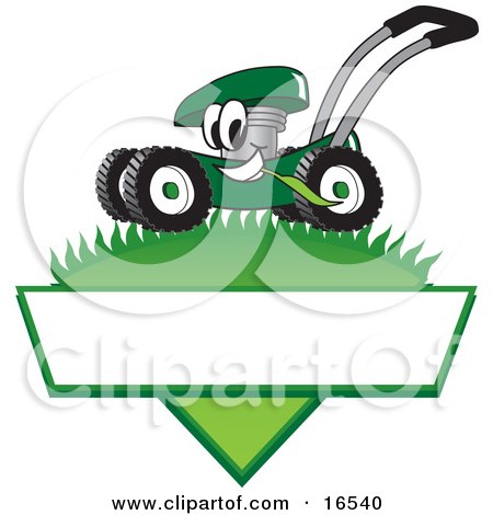Clipart Picture of a Green Lawn Mower Mascot Cartoon Character Mowing Grass Over a Blank White Label by Mascot Junction