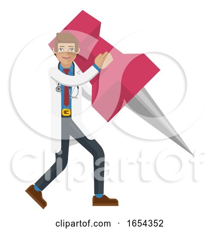 Doctor Man Holding Thumb Tack Pin Mascot Concept by AtStockIllustration