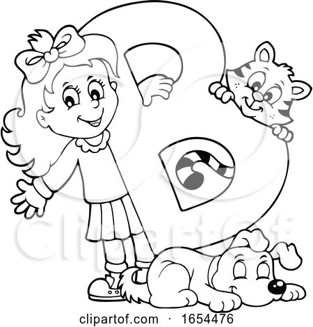 Black and White School Girl with a Letter B and Animals by visekart
