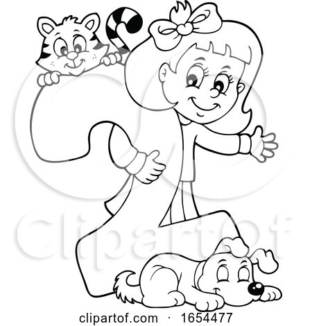 Black and White School Girl with a Number 2 and Animals by visekart