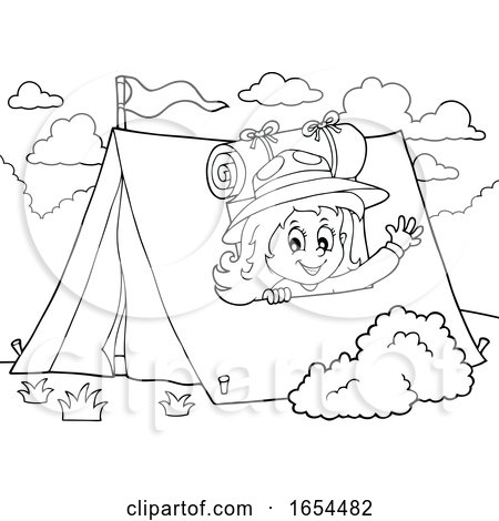 Black and White Girl Camping and Waving from Her Tent by visekart