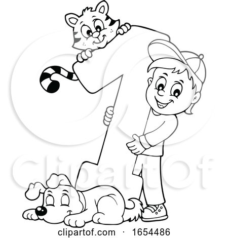 Black and White School Boy with Number 1 and Animals by visekart