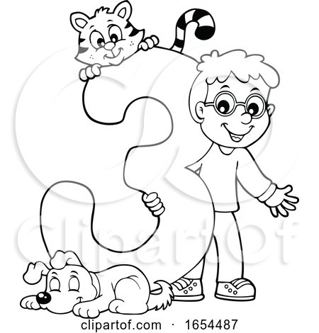 Black and White School Boy with Number 3 and Animals by visekart