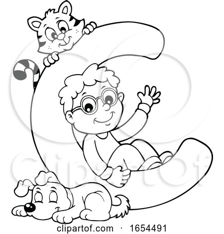 Black and White School Boy with Letter C and Animals by visekart
